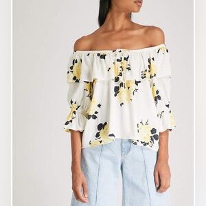 Ganni Silvery Cream & Yellow Floral Off the Shoulder Ruffle Crepe Blouse Top Sz4
